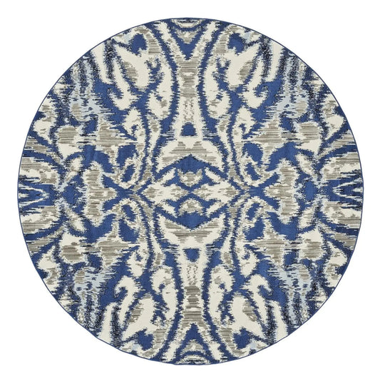 '9' Blue Taupe And Ivory Round Ikat Distressed Stain Resistant Area Rug - Image #1