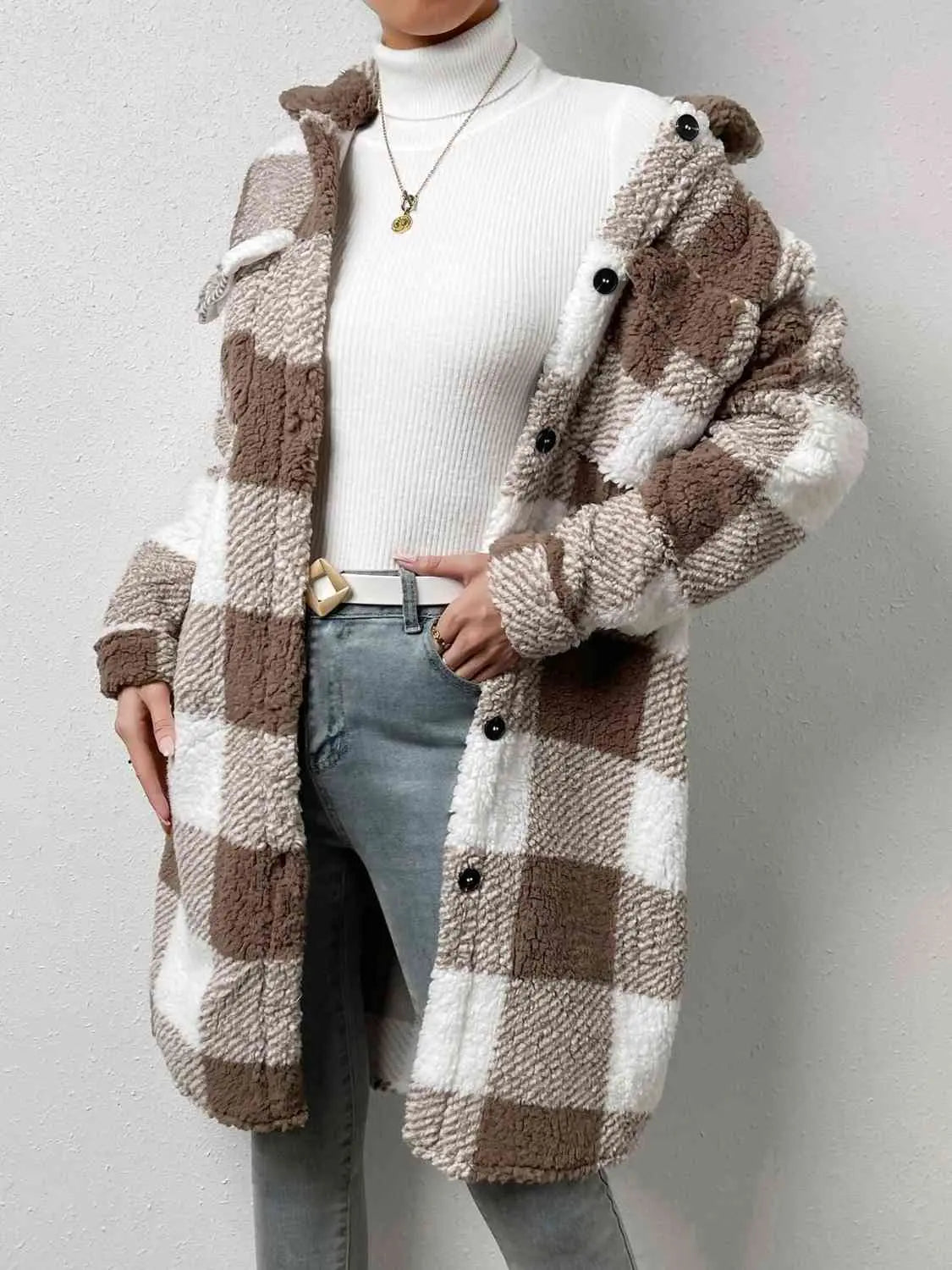 Plaid Collared Neck Button Down Coat - Image #3