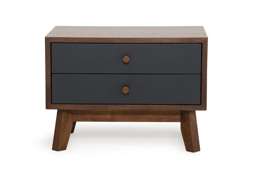 Mid Century Mod Grey And Walnut Finish 2 Drawer Night Stand