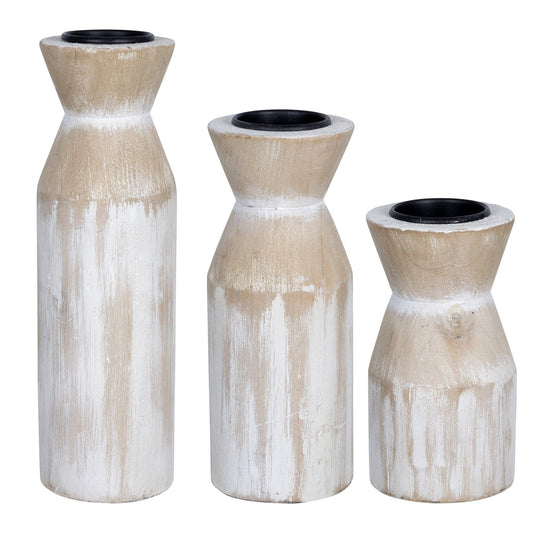 Set Of Three Distressed White Candle Holders