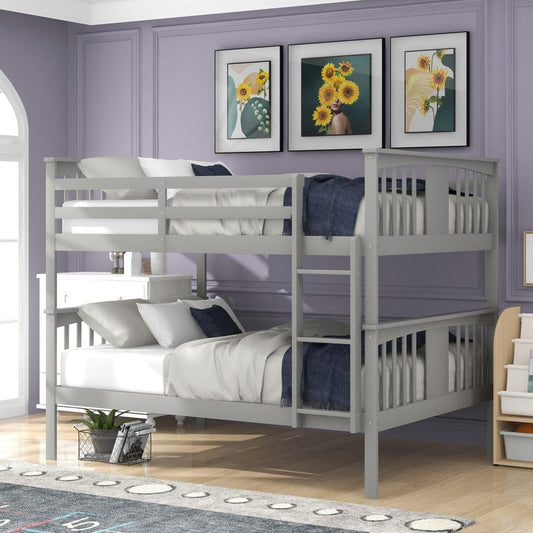 Full over Full Bunk Bed with  Ladder for Bedroom Guest Room Furniture-Gray