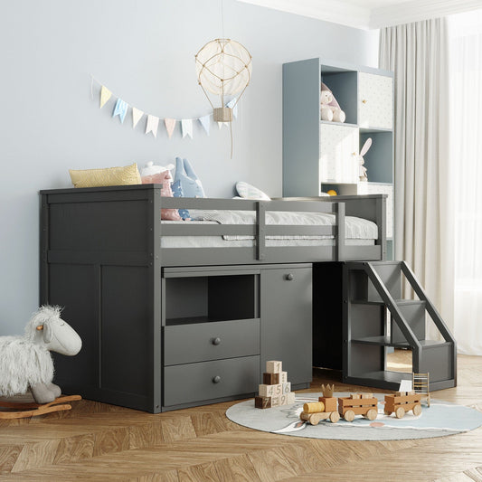 Gray Twin Size Low Loft Bed With Portable Desk