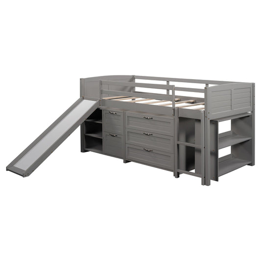 Gray Twin Size Low Loft Bed With Cabinets and Slide