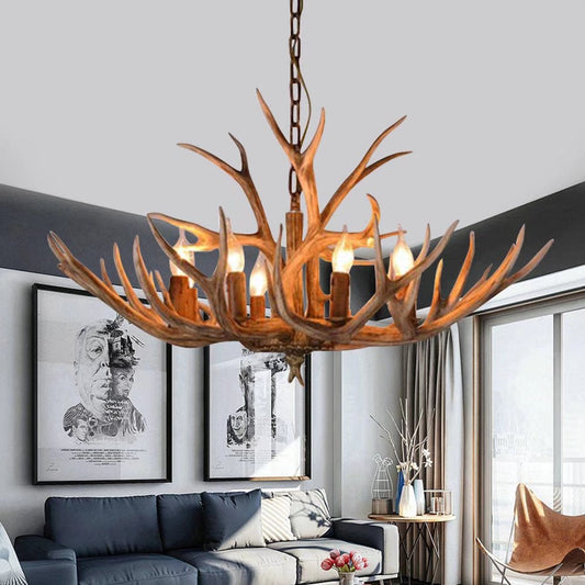 Brown Super Stag Faux Antlers Six Light LED Chandelier