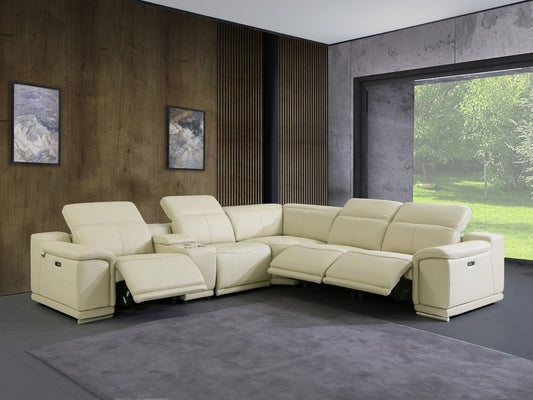 Beige Italian Leather Power Recline L Shape Six Piece Corner Sectional With Console