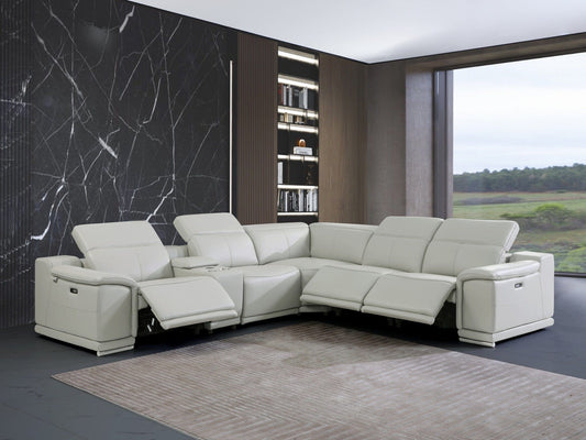 Light Gray Italian Leather Power Recline L Shape Six Piece Corner Sectional With Console