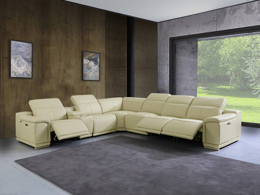 Beige Italian Leather Power Recline L Shape Seven Piece Corner Sectional With Console