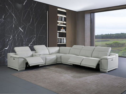 Light Gray Italian Leather Power Recline L Shape Seven Piece Corner Sectional With Console