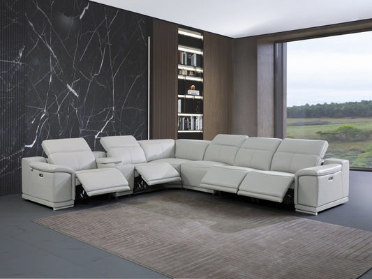 Light Gray Italian Leather Power Recline L Shape Seven Piece Corner Sectional With Console