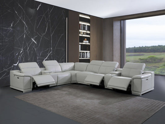 Light Gray Italian Leather Power Recline L Shape Eight Piece Corner Sectional With Console