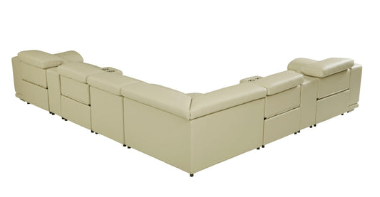 Beige Italian Leather Power Recline L Shape Eight Piece Corner Sectional With Console