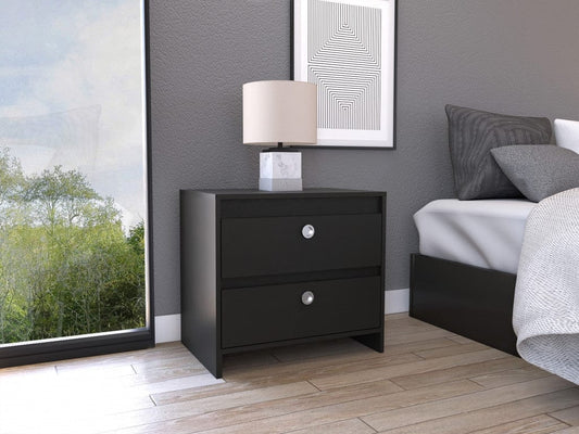 Modern and Minimalist Black Two Drawer Nightstand