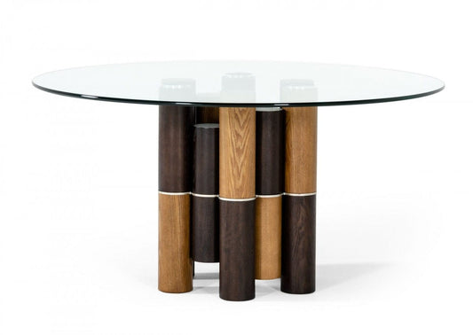 59" Clear And Walnut Rounded Glass And Solid Manufactured Wood Dining Table