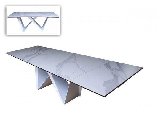 107" White Rectangular Ceramic And Metal Self-Storing Leaf Dining Table