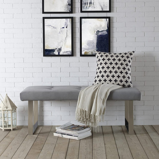 19" Grey Tufted Velvet and Chrome Upholstered Bench