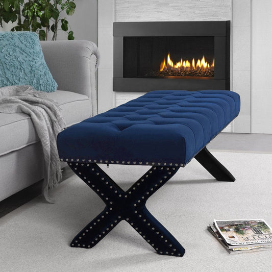 20" Navy Tufted Velvet Upholstered Nail Head Bench