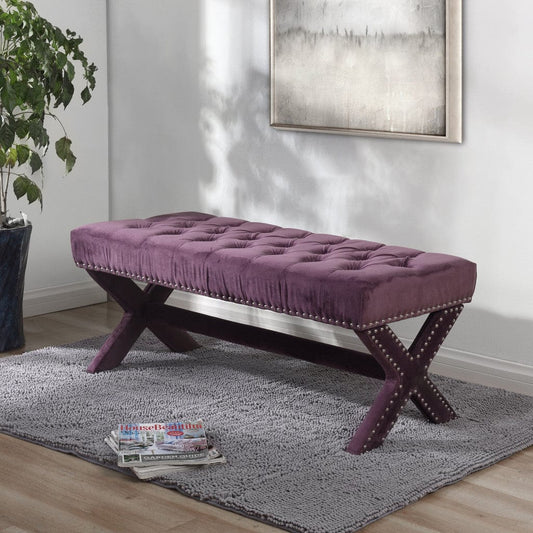 20" Plum Tufted Velvet Upholstered Nail Head Bench