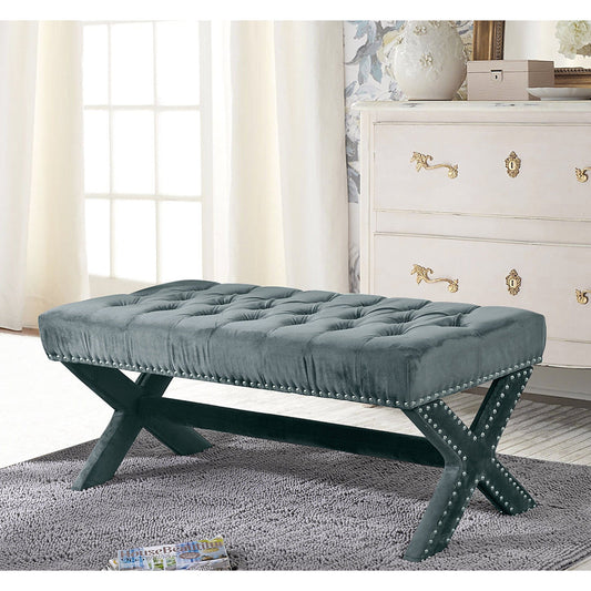 20" Slate Blue Tufted Velvet Upholstered Nail Head Bench