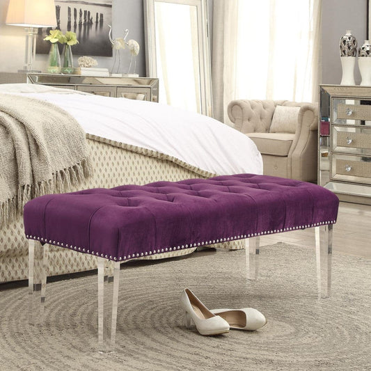 19" Purple Tufted Velvet and Acrylic Upholstered Bench