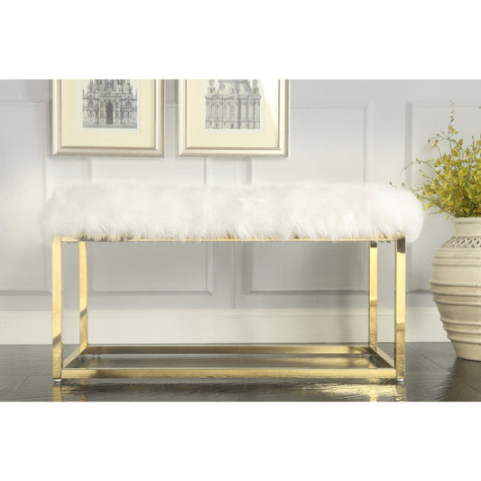 19" White Faux Fur and Gold Upholstered Bench