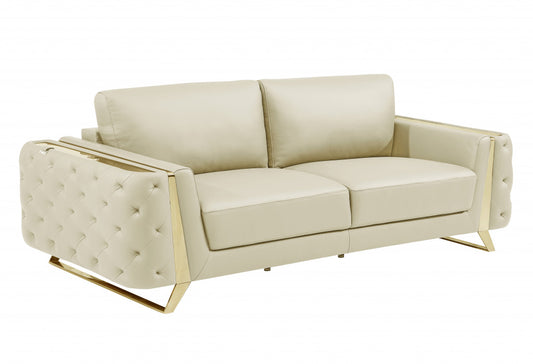 90" Beige Italian Leather And Gold Standard Sofa