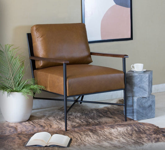 24" Brown Top Grain Leather And Black Solid Color Arm Chair