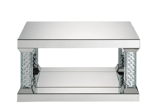 36" Mirrored Glass and Faux Crystal Bling Rectangular Coffee Table With Shelf