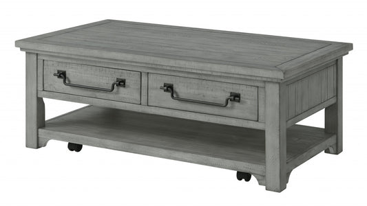 50" Dove Grey Solid Wood Distressed Coffee Table With Storage