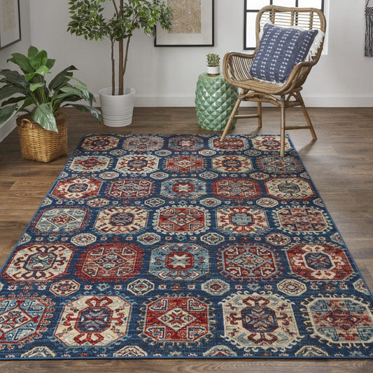 2' X 3' Blue Red And Tan Abstract Power Loom Distressed Stain Resistant Area Rug