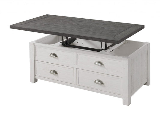 48" White And Grey Solid Wood Distressed Lift Top Coffee Table With Storage