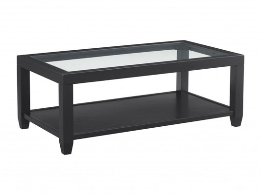 48" Black Glass Rectangular Coffee Table With Shelf