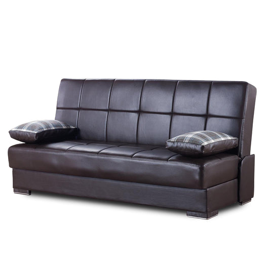 42" Brown Faux Leather And Brown Convertible Futon Sleeper Sofa With Toss Pillows