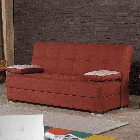 42" Rust Orange Chenille And Brown Convertible Futon Sleeper Sofa With Toss Pillows